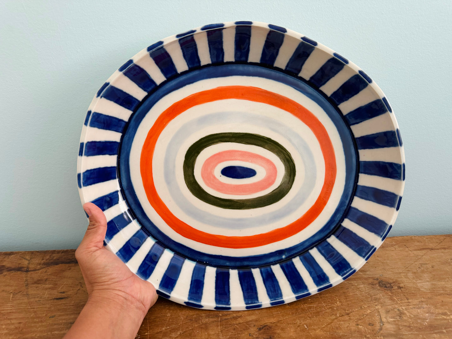 Large Oval Serving Plate - Blue, Orange and Green